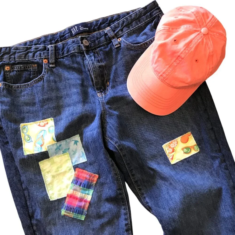Patchwork Denim Capri Pants, Upcycled Gap Summer Patch Cropped Jeans 30 Waist